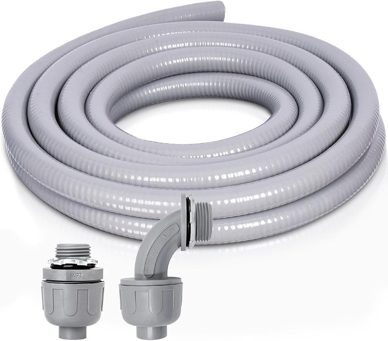 Feotech 1 Inch 5 FT Non Metallic Liquid-Tight Conduit and Connector Kit - Includes 1 Straight and 1 Angle Fittings for Electrical Wiring - Image 1